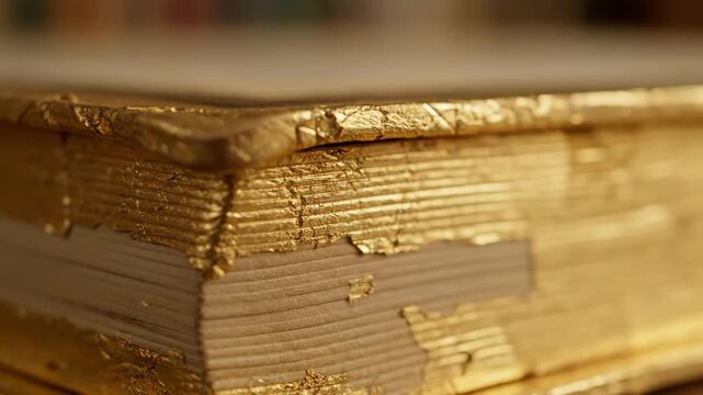 Gilded Edges of an Ancient Book - A detailed close-up reveals the luxurious gold leaf adorning the edges of a vintage book.