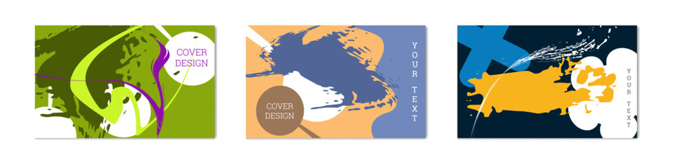 Multicolored background. Paint strokes and geometric elements. Set of three vibrant, colorful backgrounds.