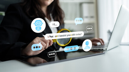 A business professional engages with a virtual assistant on a digital tablet, emphasizing...