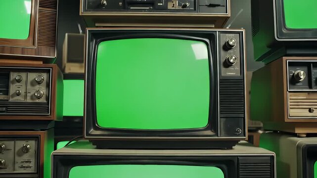 A stack of old televisions with green screens in a nostalgic video setup