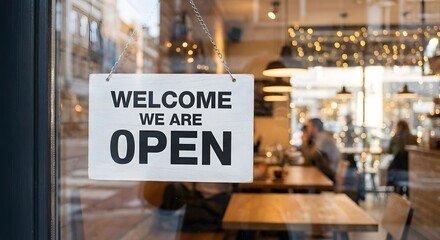 White welcome we are open sign hanging on glass door of modern cafe