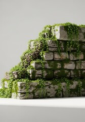 A richly textured image of an ancient, crumbling stone barrier densely covered in lush green moss and slow creeping vines, wall, stone, vine