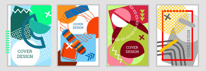 A bright, unusual Memphis-style background. A set of 4 geometric cover designs. Vibrant covers, banners, posters, and booklets.