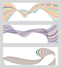 Wavy lines or ribbons. Set of 3 backgrounds. Multicolored striped gradient. Unusual background with abstract wavy lines. Fashionable banner, poster. eps vector