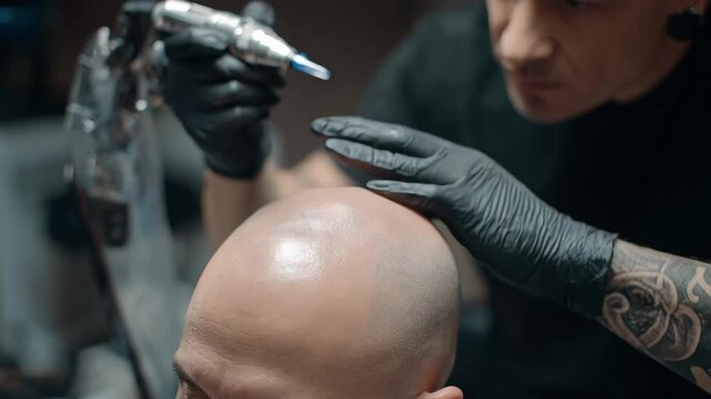 Medium shot of a technician performing scalp micropigmentation with precision equipment to create the appearance of fuller hair density.