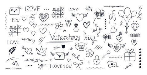 Obraz premium Valentine Day icon set. Hand drawn marker doodle graphic romantic design elements. Grunge brush. Simple sketch style accent. Holiday symbols, hearts, gifts. Drawing line isolated vector illustration.