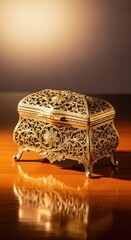 Antique ornate gilt brass filigree jewelry box or casket standing on a polished wooden surface, illuminated by soft light, rococo, gilt brass, classic