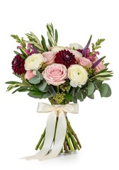 Beautiful hand-tied bridesmaid bouquet with lush seasonal blooms and greenery, wrapped with ribbon for an elegant formal wedding ceremony, green, fresh, carnation