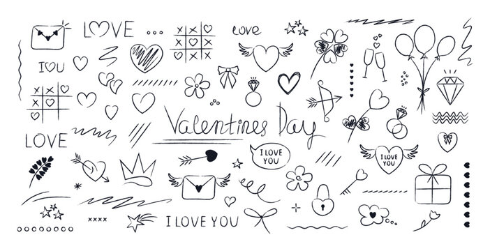 Valentine Day icon set. Hand drawn marker doodle graphic romantic design elements. Grunge brush. Simple sketch style accent. Holiday symbols, hearts, gifts. Drawing line isolated vector illustration.