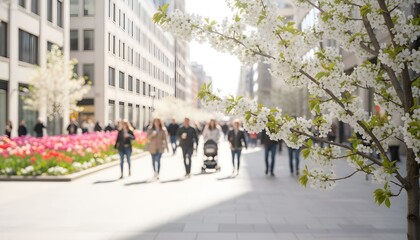 Busy crowds of men and women walking past urban architecture and city buildings or enjoying a peaceful stroll through the green park