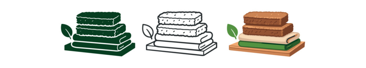 eco cleaning natural fiber scrub pad stacked with folded cloths on shelf