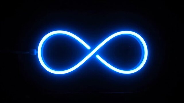 Neon Infinity Symbol on Black Background - A glowing blue neon light forms the shape of the infinity symbol against a stark black background.