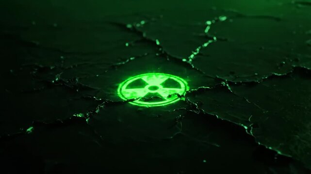 Glowing Radioactive Sign on Cracked Surface - This video depicts a glowing green radioactive sign centered on a dark, cracked surface.