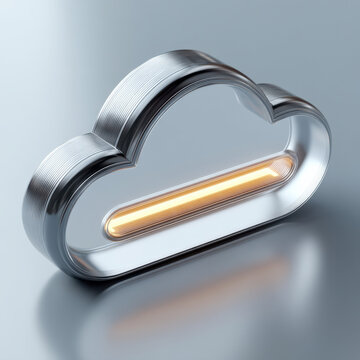 Metallic cloud server icon, isometric style, glowing light, modern technology, silver color, digital storage, futuristic design