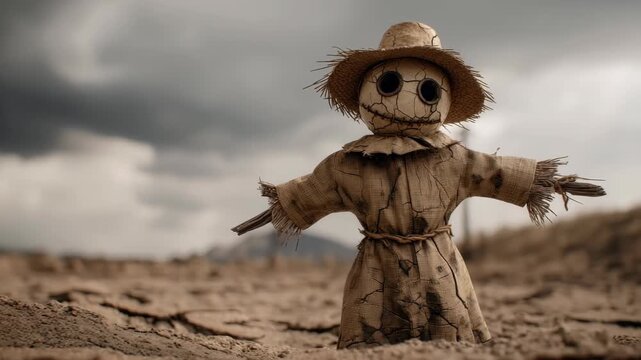 Scarecrow with straw hat stands cracked dry barren field cloudy sky, creepy stitched doll evokes eerie unsettling mood, dramatic rural landscape with cracked earth and sense of loneliness and mystery