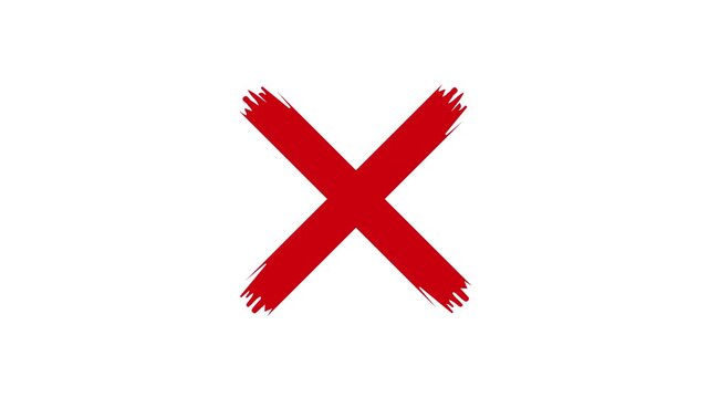 Red cross mark animation, 4k loopable with alpha channel. animated red x mark for error or rejection, brush stroke cross sign.