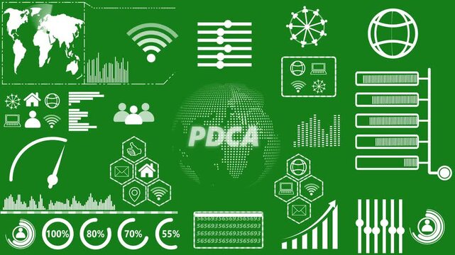 PDCA cycle infographic with global network and data analysis. Business, technology, modern technology concept on green background. 4k video