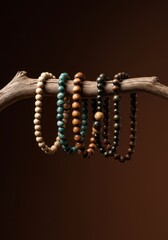 Organic jewelry arrangement: multiple natural stone and wood bead bracelets suspended gently from a rustic, dried tree branch, accessory, zen, wooden