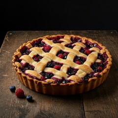 Rustic homemade organic pie filled with fresh mixed forest berries and a flaky golden lattice crust cooling on a worn wooden table, fruit, overhead view, wholesome