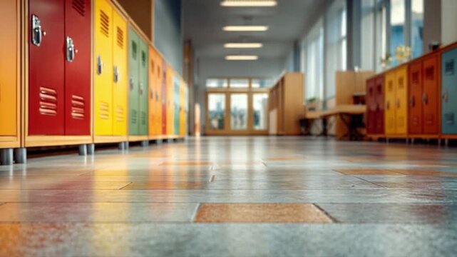 Vibrant Corridor of Learning: A view captures a vibrant school corridor with a row of colorful lockers and an inviting sense of anticipation. Reflecting the potential of new beginnings.