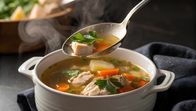 Close up cinematic food photo of chicken soup being served with stainless steel ladle lifting golden broth chicken and vegetables from white enamel pot dramatic lighting and steam
