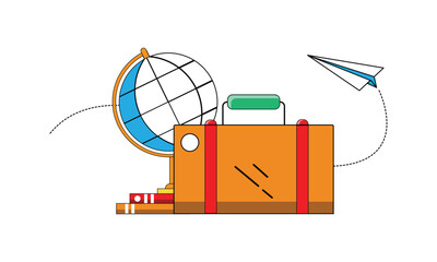 Flat vector illustration of travel suitcase with globe, books and paper plane, education and travel concept, study abroad, tourism and learning design