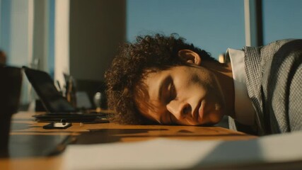 Tired man office stress fatigue business exhaustion workplace suit desk burnout, young adult professional resting head desk, sunlight through window, paperwork, overworked corporate employee