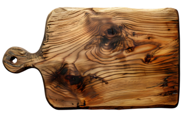 Rustic wooden cutting board with handle, featuring rich, natural grain pattern and warm, earthy tone. board surface shows unique knots and textures, adding character and charm