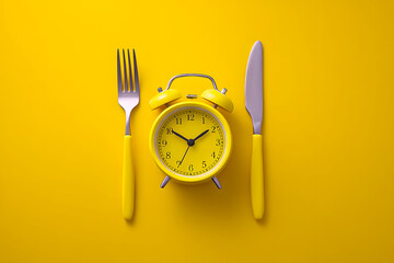 Yellow clock with fork and knife on yellow background ready for meal time