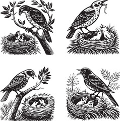 Vintage black silhouette set of birds with wings and feathers on a floral tree branch vector illustration for nature art tattoo design