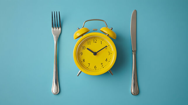 Clock placed between a fork and knife on a blue background with a simple setup for meal timing