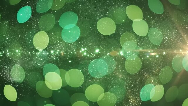 A stunning video showcasing vibrant green bokeh lights sparkling in the dark background with a beautiful lens flare