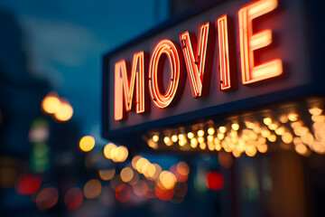 Bright lights of a movie theater sign in the evening with bokeh effect from surrounding city lights