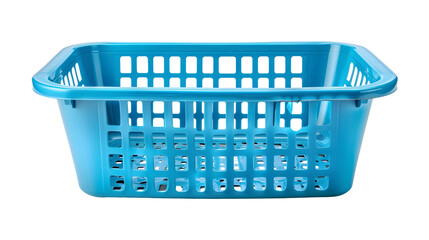 Fototapeta premium Blue plastic laundry basket with rectangular shape and open grid design, perfect for carrying clothes. vibrant color adds cheerful touch to household chores