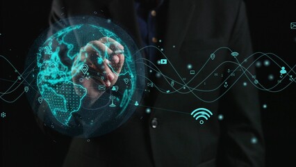 Explore a digital communication network concept featuring a hand interacting with a globe, illustrating global connectivity through technology and innovation. Cipher