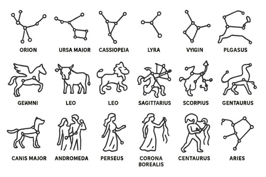 Constellation Line Icons. Line style icons of constellations: Orion, Ursa Major, Cassiopeia, Lyra, Draco, Pegasus, Taurus, Leo,