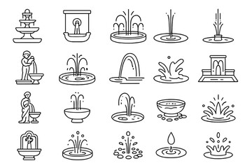 Line Style Fountains. Line style icons of fountains: tiered fountain, wall spout, circular basin, water jet, stone cherub, koi