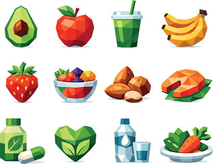 Healthy Food Icons. A fresh low-poly vector icon set illustrating healthy nutrition, featuring avocados, apples, smoothies, fruits