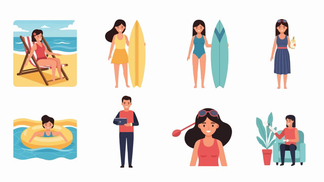 Beach and pool scenes with people enjoying summer activities