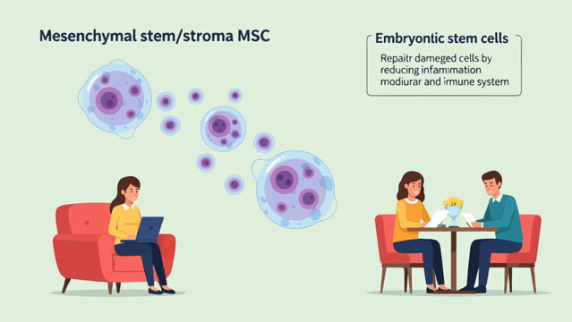 Biological cells depicted in a graphic with people in domestic and social settings