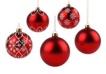 Five vibrant red Christmas baubles, some with white snowflakes, suspended by golden strings on a transparent studio background, high-key light, sharp focus, concept of sophisticated holiday