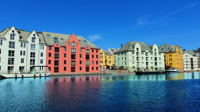 Trondheim historic colorful wharf houses on Nidelva river sumer Norway