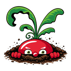 Verspielte Illustration eines niedlichen Radieschens, das mit gro&szlig;en Augen aus der Erde hervorschaut.