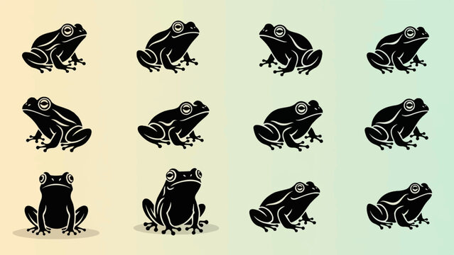 Black frog silhouettes arranged in a grid against a faded gradient background