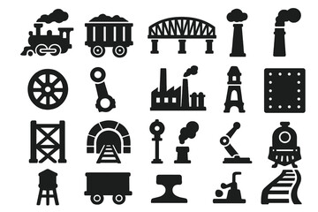 Industrial Revolution Transport Icons. Solid style icons of Industrial revolution transport: steam train, coal wagon, rail bridge,