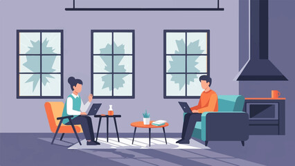 Two people work on laptops in a modern room with broken windows