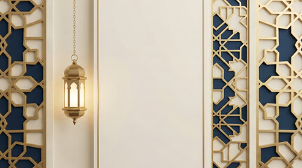 Elegant 3D Islamic Geometric Pattern Background with Gold and Deep Blue Fanoos Lantern. Modern Minimalist Ramadan Greeting Card Template with Copy Space.