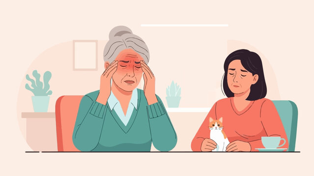 Two women, one with a headache, sit with a cat and a drink