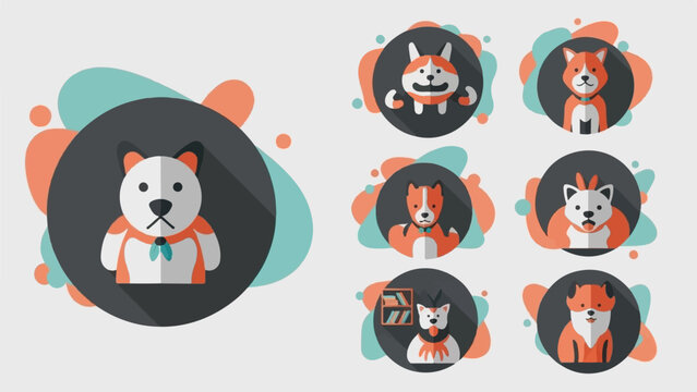 Collection of seven stylized dog avatars in a flat design style with playful backgrounds