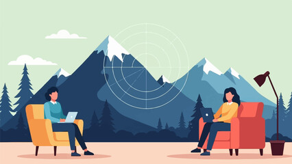 Naklejka premium Two people work on laptops in cozy chairs with mountains and radar